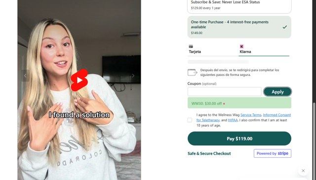 Wellness Wag checkout page showing Wellness Wag coupon code box | Screenshot taken by SimplyCodes community member on Aug 11, 2025