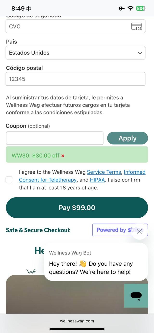 Wellness Wag checkout page showing Wellness Wag coupon code box | Screenshot taken by SimplyCodes community member on Aug 1, 2025