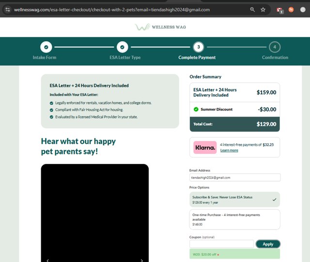Wellness Wag checkout page showing Wellness Wag coupon code box | Screenshot taken by SimplyCodes community member on Aug 30, 2025
