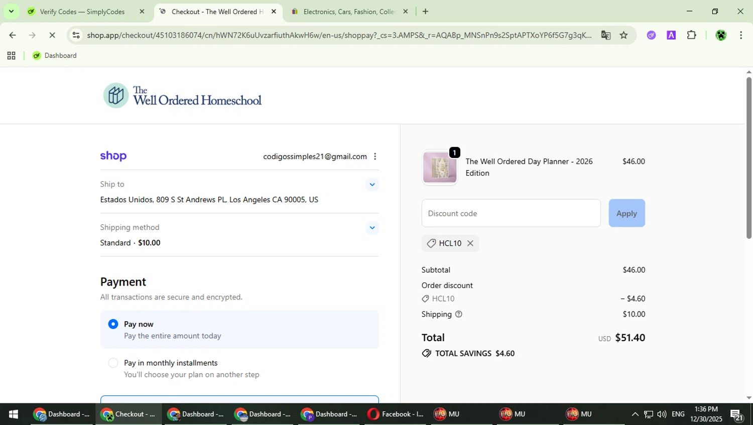 The Well Ordered Homeschool promo code screenshot showing code HCL10 applied at The Well Ordered Homeschool checkout page. Uploaded by SimplyCodes community member MaitoGai on Dec 30, 2025