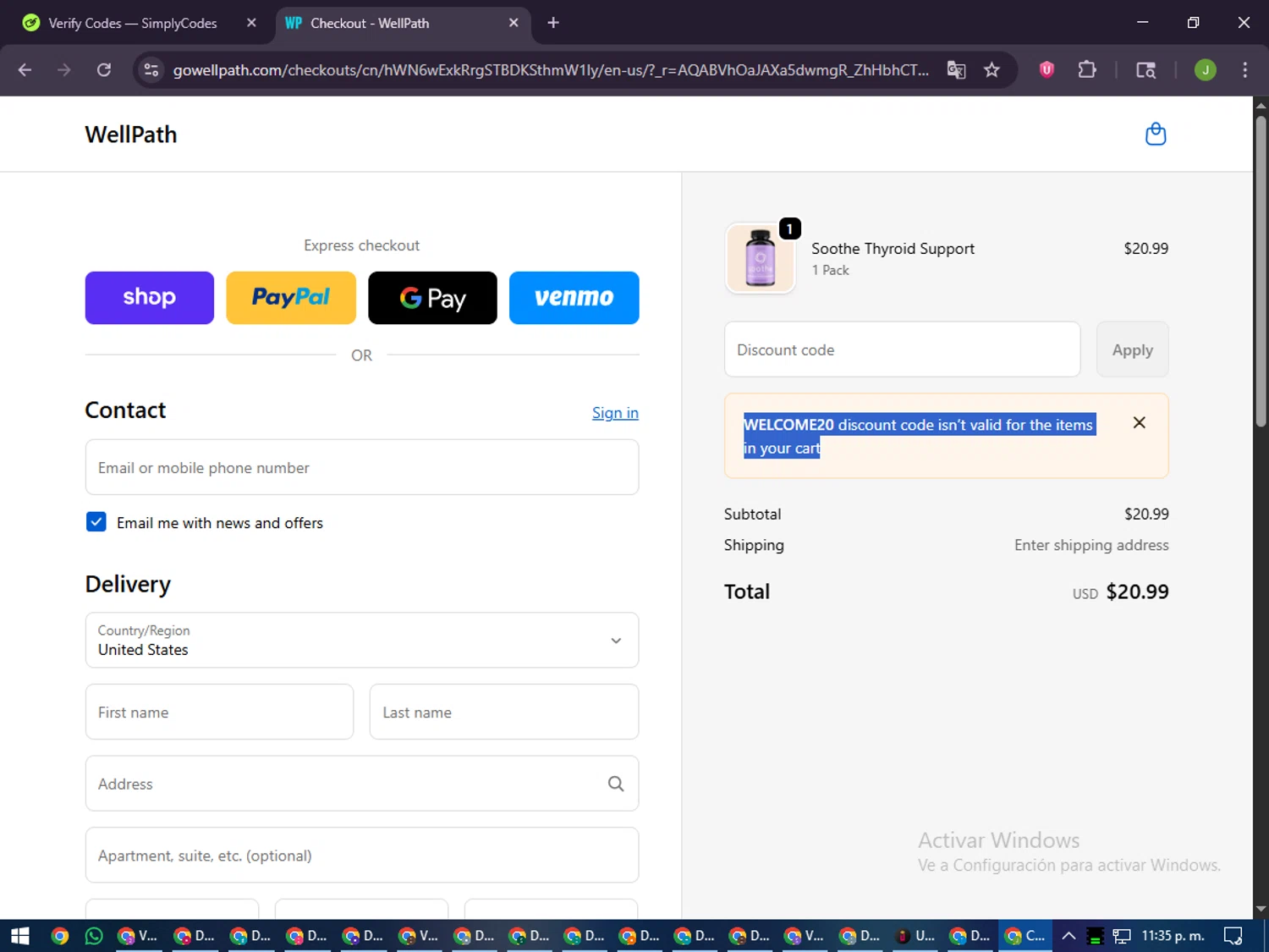 WellPath promo code screenshot showing code WELCOME20 applied at WellPath checkout page. Uploaded by SimplyCodes community member LilBaby on Dec 28, 2025