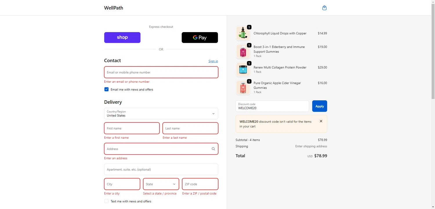 WellPath promo code screenshot showing code WELCOME20 applied at WellPath checkout page. Uploaded by SimplyCodes community member PromoAdmiral6652 on Oct 14, 2025