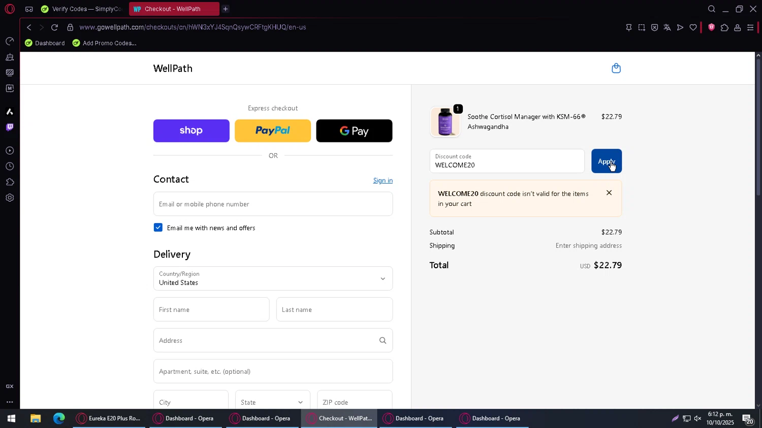 WellPath promo code screenshot showing code WELCOME20 applied at WellPath checkout page. Uploaded by SimplyCodes community member SmartMaverick5327 on Oct 10, 2025