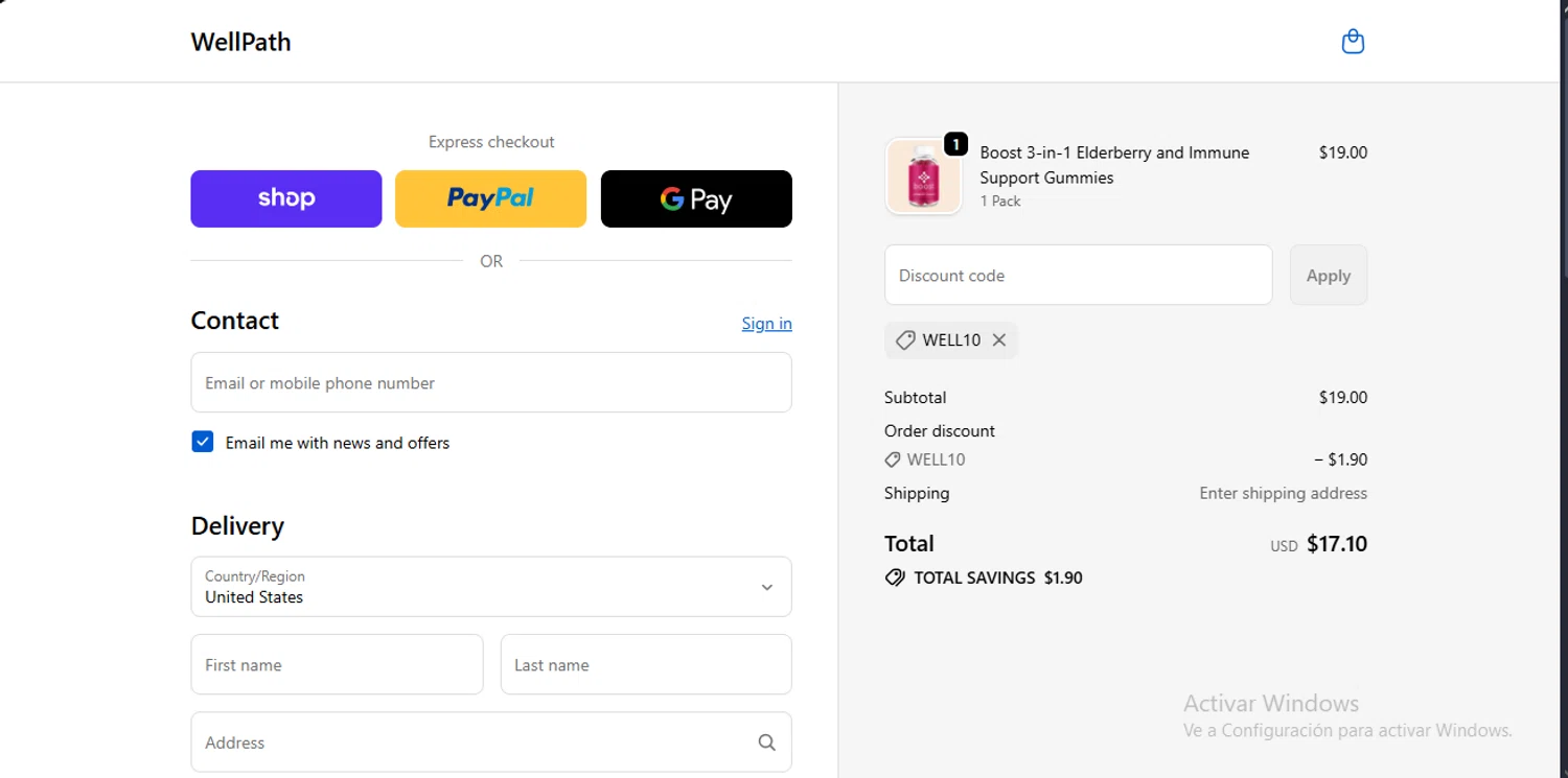 WellPath promo code screenshot showing code WELL10 applied at WellPath checkout page. Uploaded by SimplyCodes community member RebateSpotter2821 on Nov 19, 2025