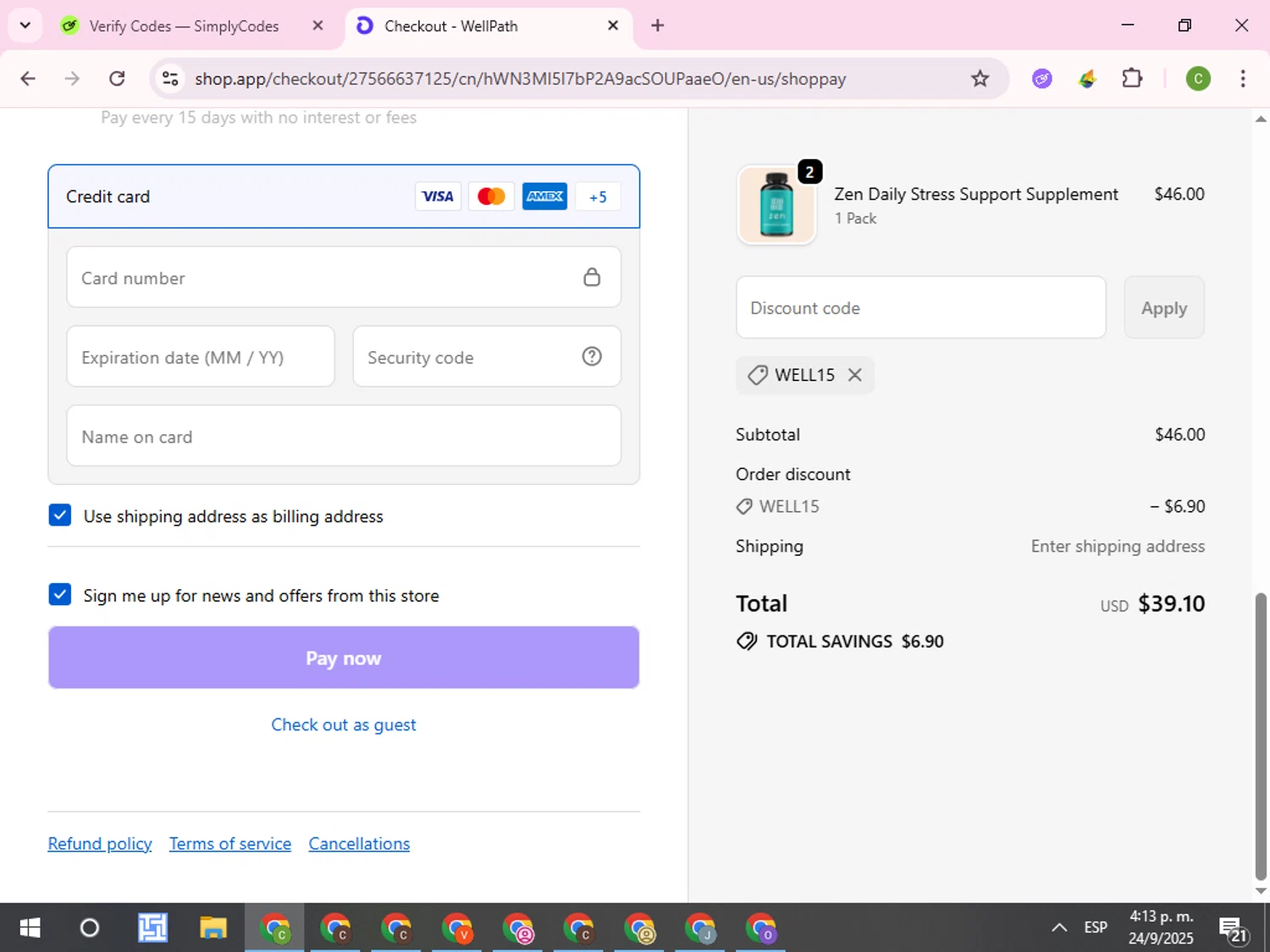 WellPath promo code screenshot showing code WELL15 applied at WellPath checkout page. Uploaded by SimplyCodes community member RoyalKnight4673 on Sep 24, 2025