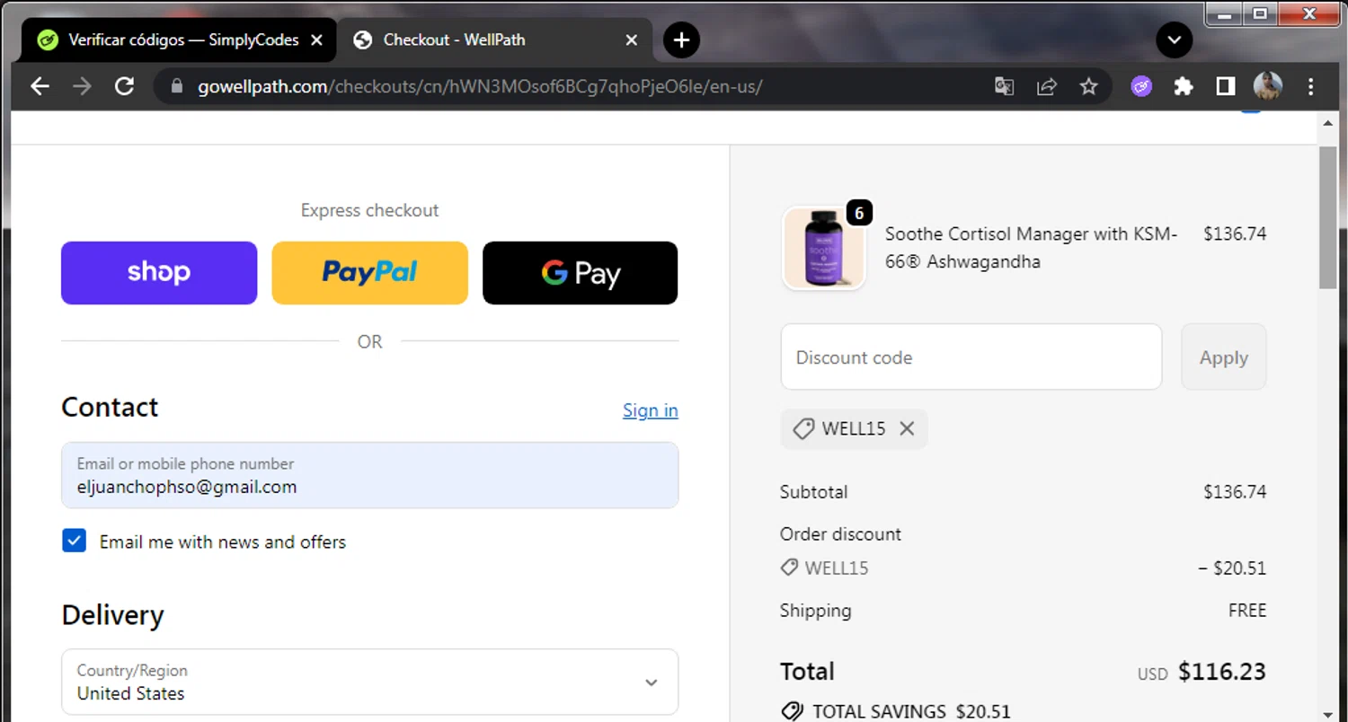 WellPath promo code screenshot showing code WELL15 applied at WellPath checkout page. Uploaded by SimplyCodes community member enmanuelhernandezRodriguez on Sep 24, 2025