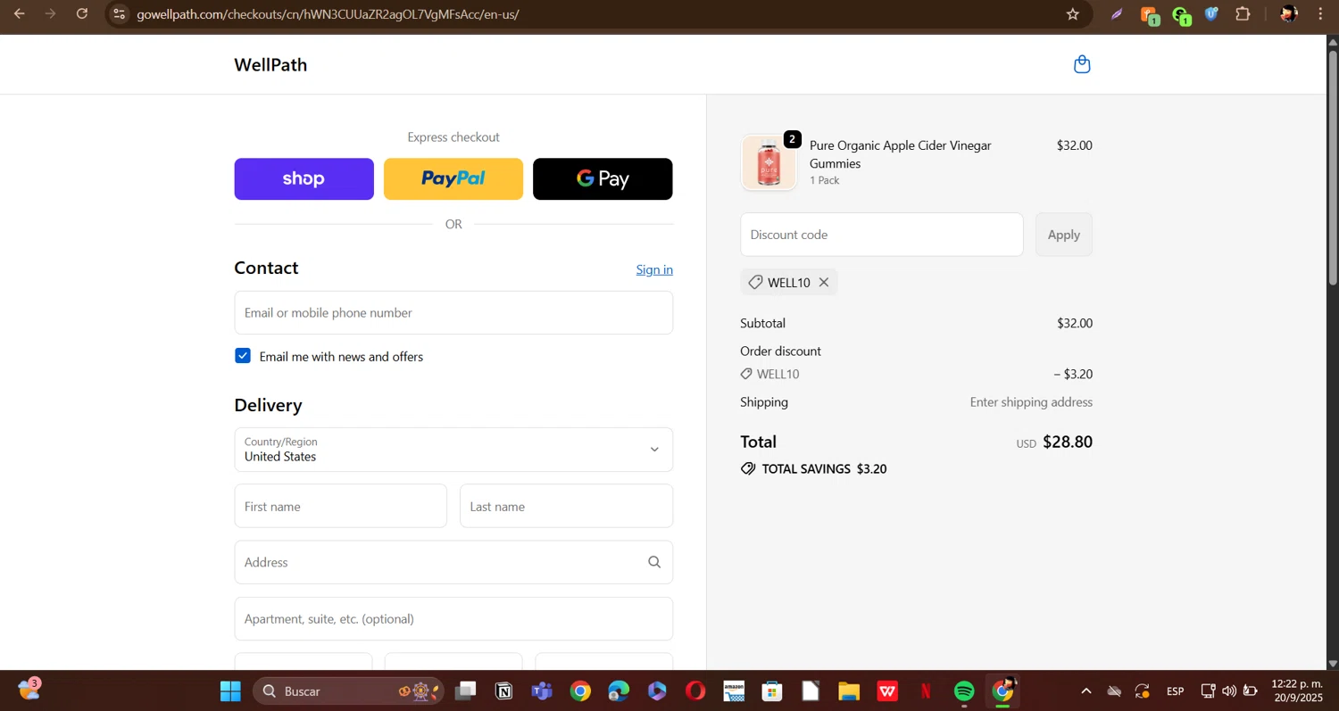 WellPath promo code screenshot showing code well10 applied at WellPath checkout page. Uploaded by SimplyCodes community member ERI0810 on Sep 20, 2025
