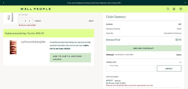 Well People checkout page showing Well People promo code box | Screenshot taken by SimplyCodes community member on Jun 13, 2025