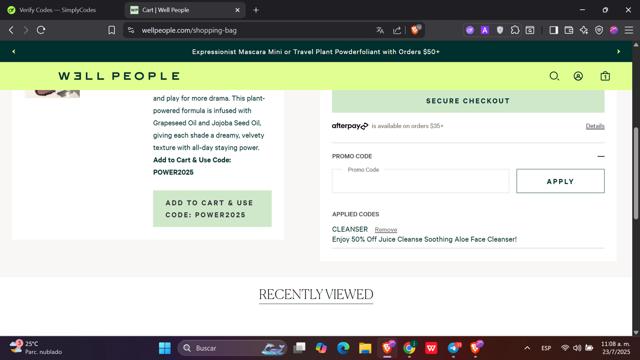 Well People checkout page showing Well People promo code box | Screenshot taken by SimplyCodes community member on Jul 23, 2025