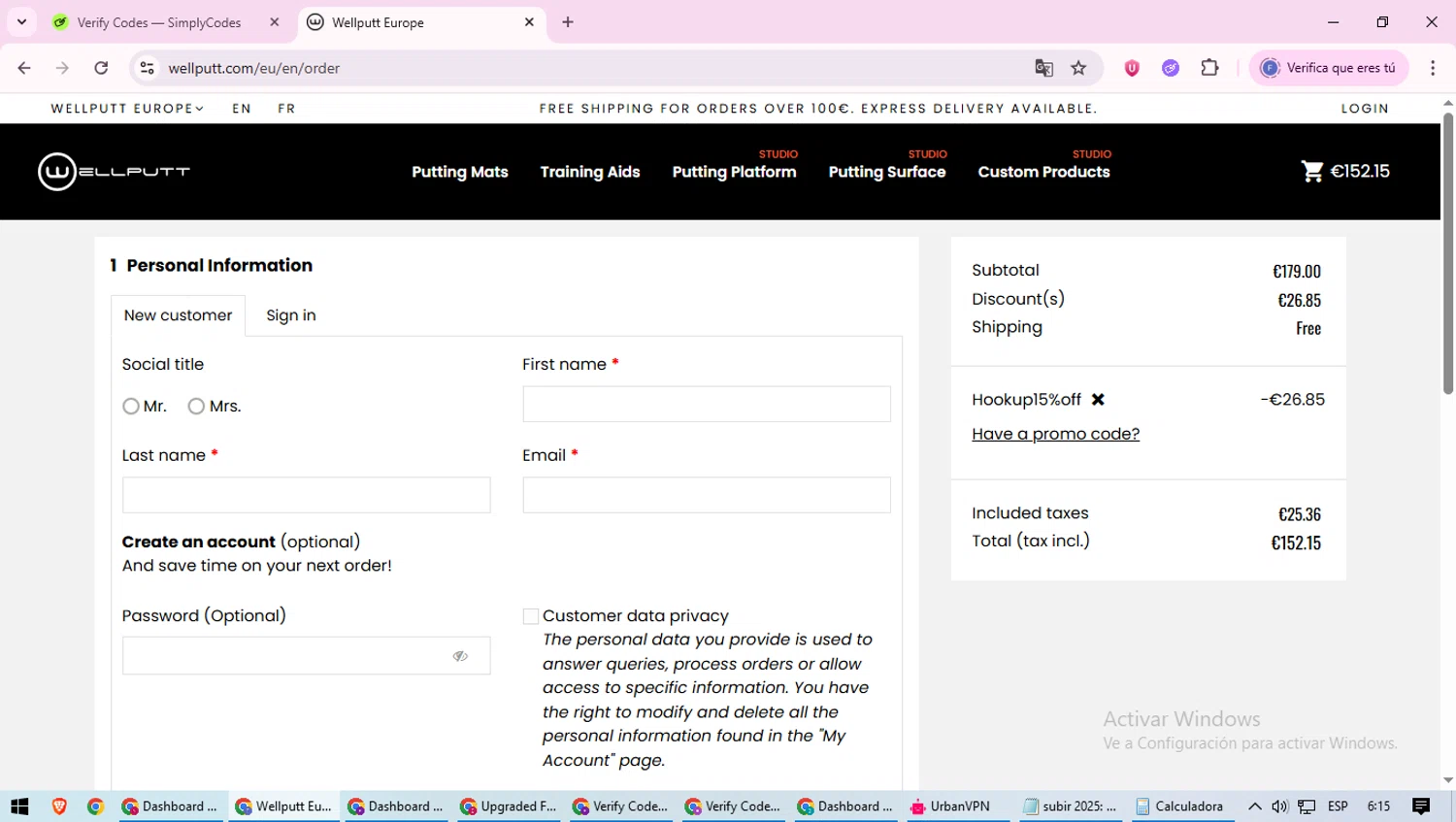 Wellputt promo code screenshot showing code AFF15_hookup15 applied at Wellputt checkout page. Uploaded by SimplyCodes community member loversuper on Jul 24, 2025