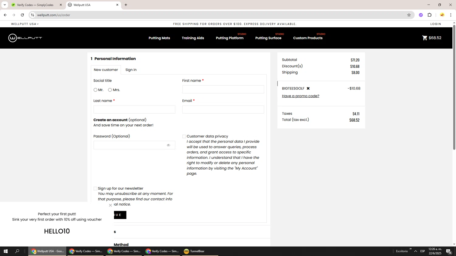 Wellputt promo code screenshot showing code AFF15_BIGTEESGOLF applied at Wellputt checkout page. Uploaded by SimplyCodes community member Richard251 on Jun 22, 2025