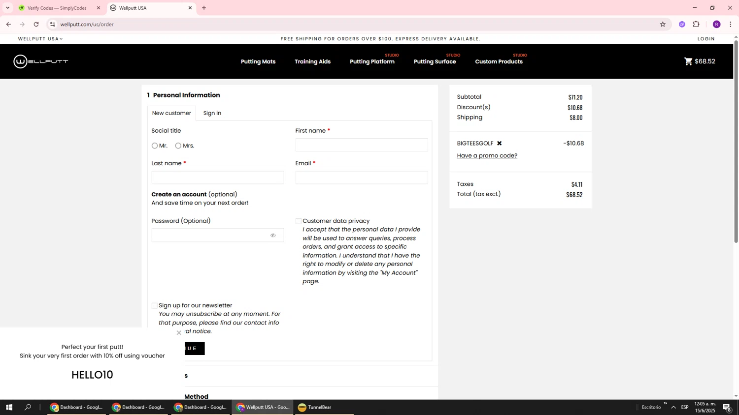 Wellputt promo code screenshot showing code AFF15_BIGTEESGOLF applied at Wellputt checkout page. Uploaded by SimplyCodes community member ukemochi on Jun 15, 2025