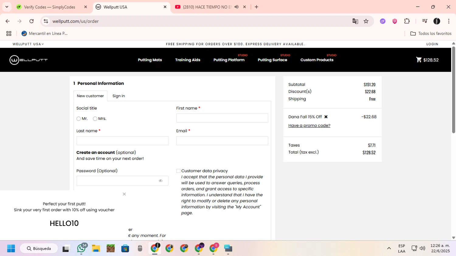 Wellputt promo code screenshot showing code AFF15_DANA applied at Wellputt checkout page. Uploaded by SimplyCodes community member ChinoYugiXD on Jun 22, 2025