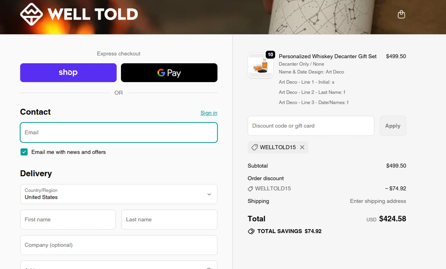 Well Told discount code screenshot showing code WELLTOLD15 applied at Well Told checkout page. Uploaded by SimplyCodes community member CouponLion324 on Sep 20, 2025