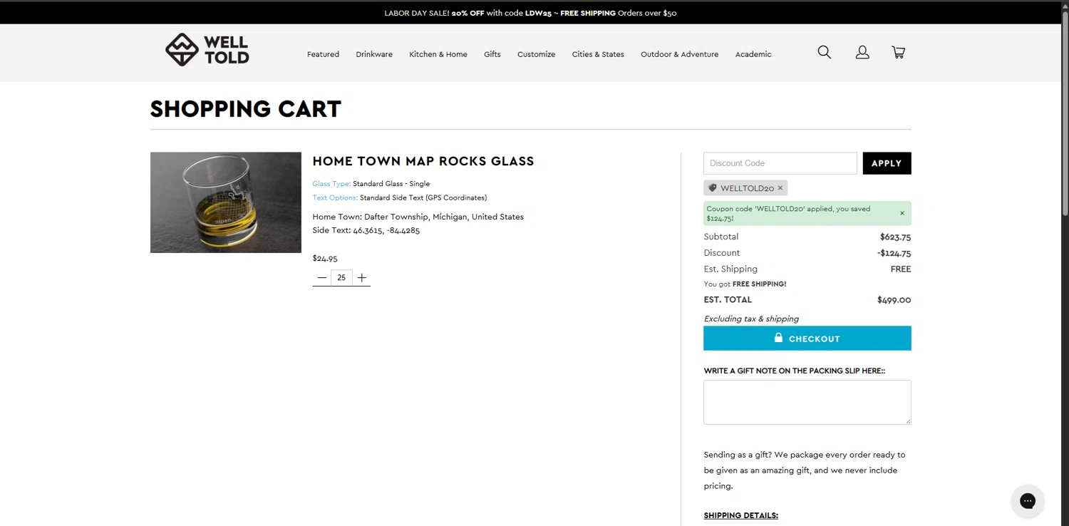 Well Told discount code screenshot showing code WELLTOLD20 applied at Well Told checkout page. Uploaded by SimplyCodes community member RoyalVirtuoso4479 on Aug 30, 2025