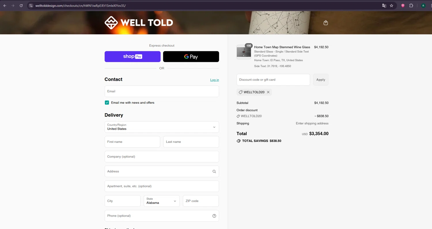 Well Told discount code screenshot showing code WELLTOLD20 applied at Well Told checkout page. Uploaded by SimplyCodes community member SavvyHawk5598 on Aug 12, 2025