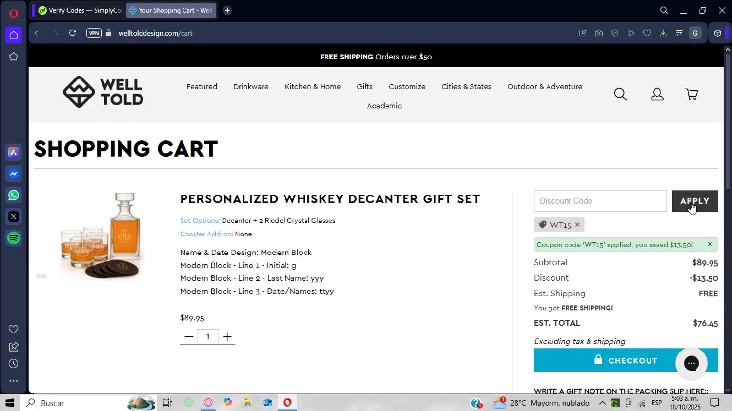 Well Told discount code screenshot showing code WT15 applied at Well Told checkout page. Uploaded by SimplyCodes community member CrownWizard8571 on Oct 18, 2025
