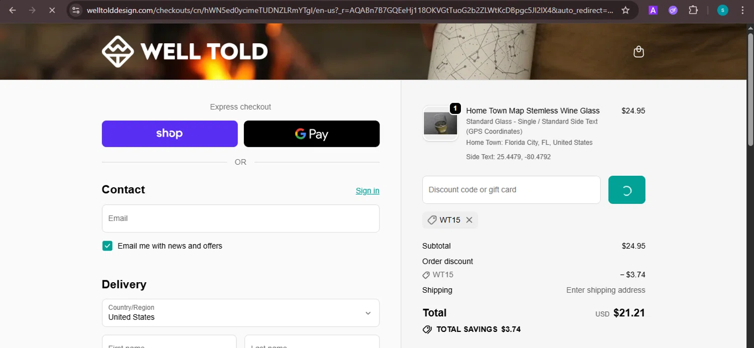 Well Told discount code screenshot showing code WT15 applied at Well Told checkout page. Uploaded by SimplyCodes community member ValiantChaser7723 on Nov 24, 2025