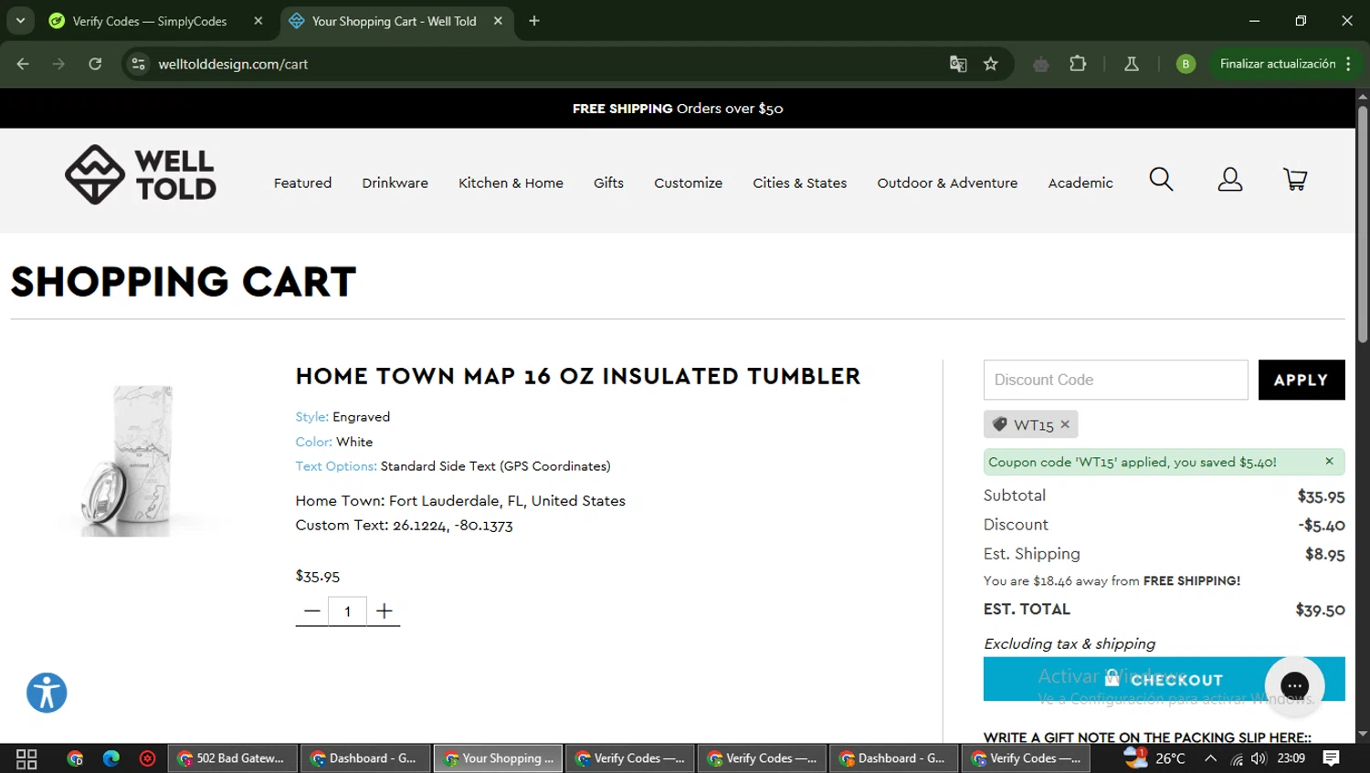 Well Told discount code screenshot showing code WT15 applied at Well Told checkout page. Uploaded by SimplyCodes community member RoyalAdmiral5066 on Apr 5, 2025