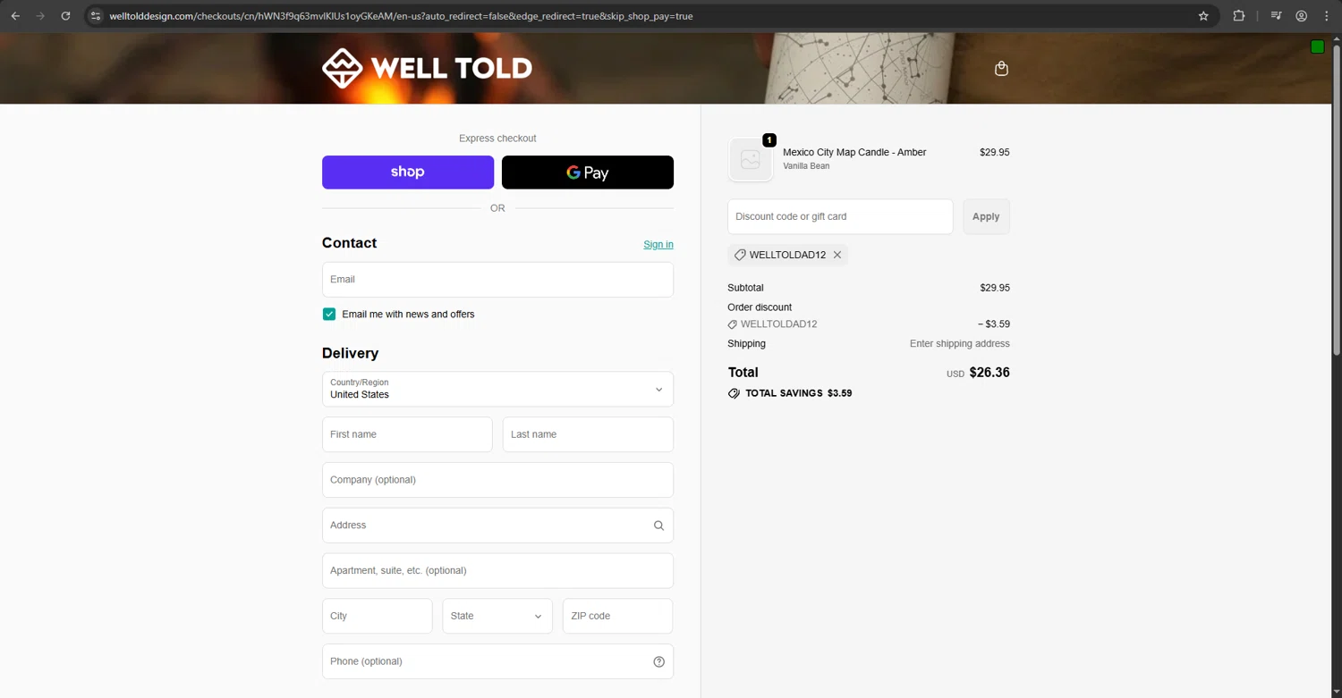 Well Told discount code screenshot showing code WELLTOLDAD12 applied at Well Told checkout page. Uploaded by SimplyCodes community member luffyreturn on Oct 2, 2025