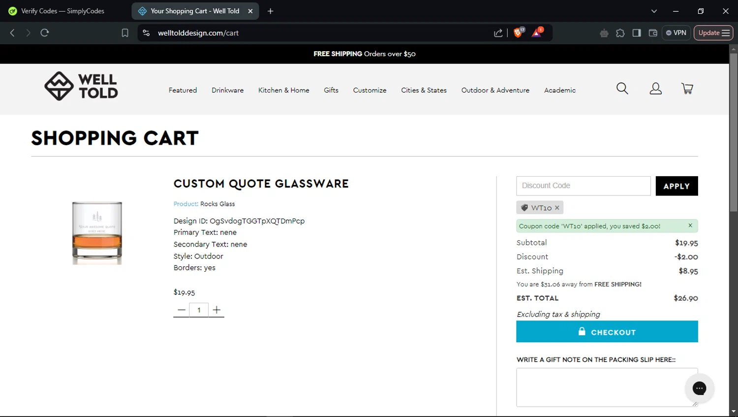 Well Told discount code screenshot showing code WT10 applied at Well Told checkout page. Uploaded by SimplyCodes community member PromoSpotter1784 on Feb 2, 2025