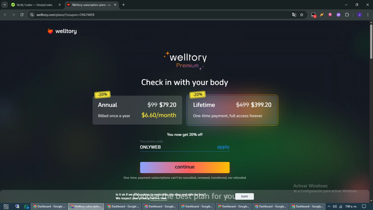 Welltory promo code screenshot showing code ONLYWEB applied at Welltory checkout page. Uploaded by SimplyCodes community member WiseMaven9968 on Jun 17, 2025