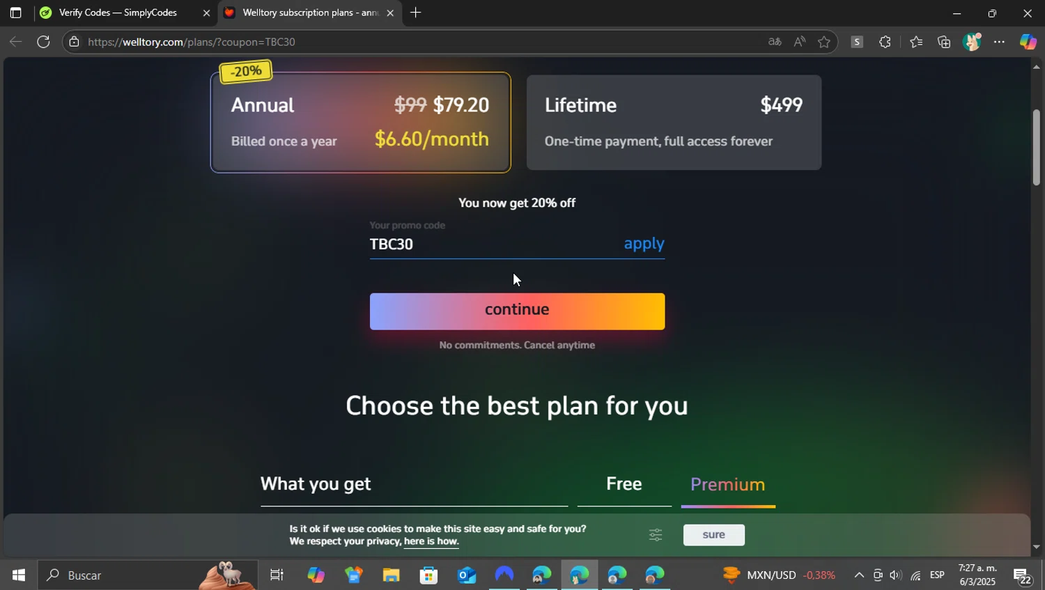 Welltory promo code screenshot showing code TBC30 applied at Welltory checkout page. Uploaded by SimplyCodes community member arminarlet on Mar 6, 2025