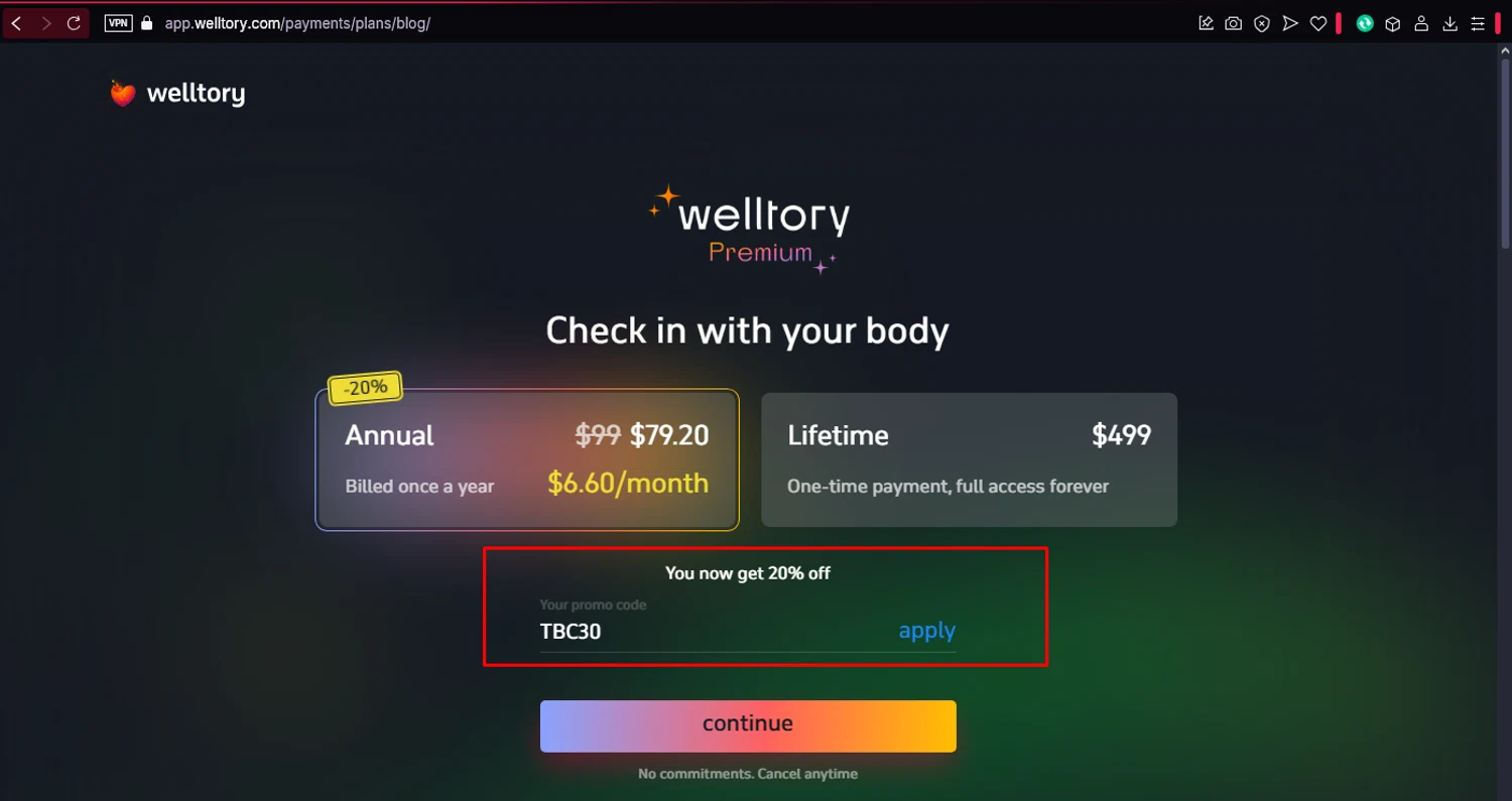 Welltory promo code screenshot showing code TBC30 applied at Welltory checkout page. Uploaded by SimplyCodes community member ronaldacunajr13 on Feb 5, 2025
