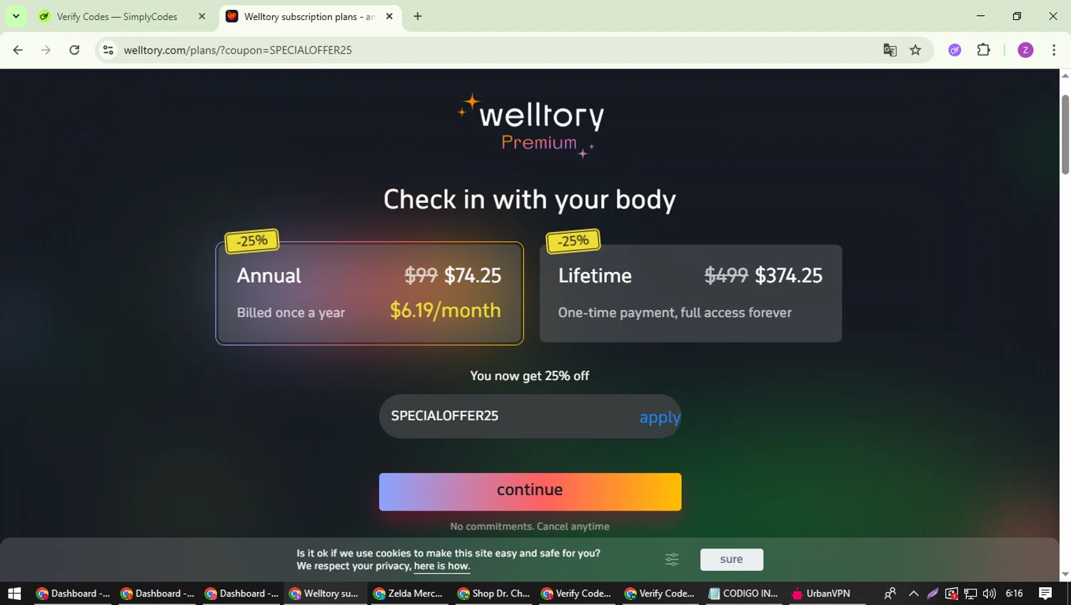 Welltory promo code screenshot showing code SPECIALOFFER25 applied at Welltory checkout page. Uploaded by SimplyCodes community member ValiantFinder3275 on Oct 30, 2025