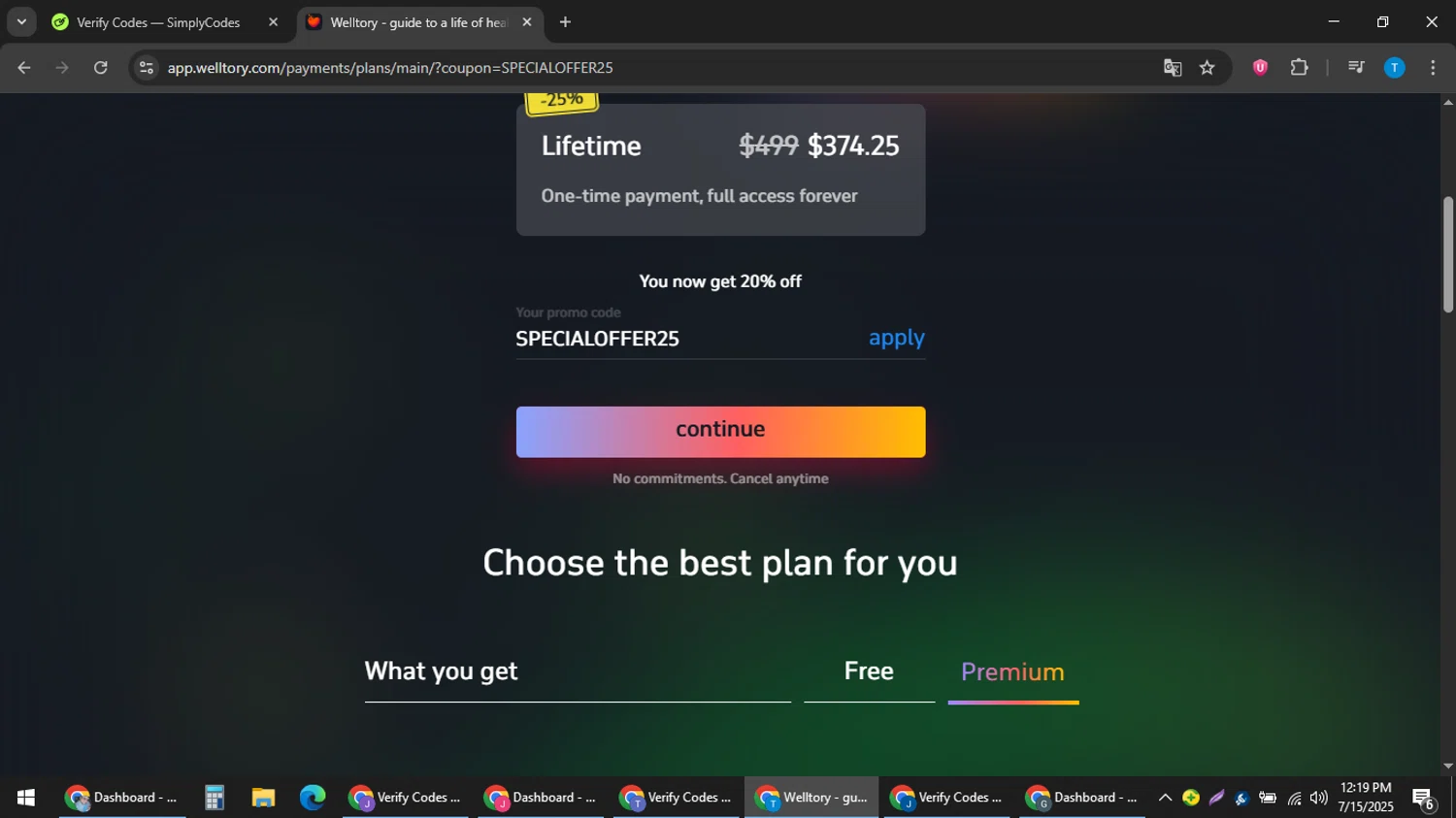 Welltory promo code screenshot showing code SPECIALOFFER25 applied at Welltory checkout page. Uploaded by SimplyCodes community member hankt1521 on Jul 15, 2025