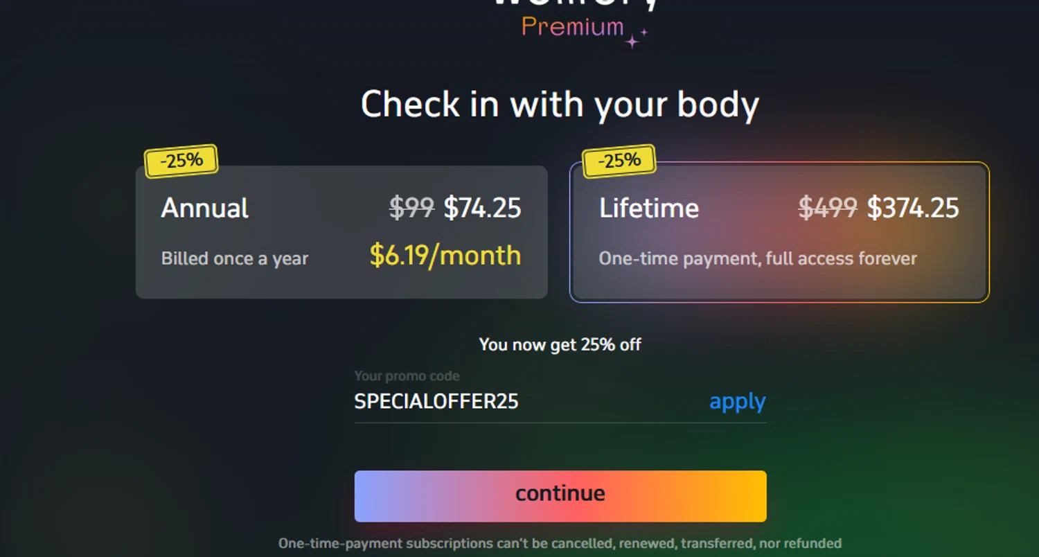 Welltory promo code screenshot showing code SPECIALOFFER25 applied at Welltory checkout page. Uploaded by SimplyCodes community member goldhooh on Jun 5, 2025