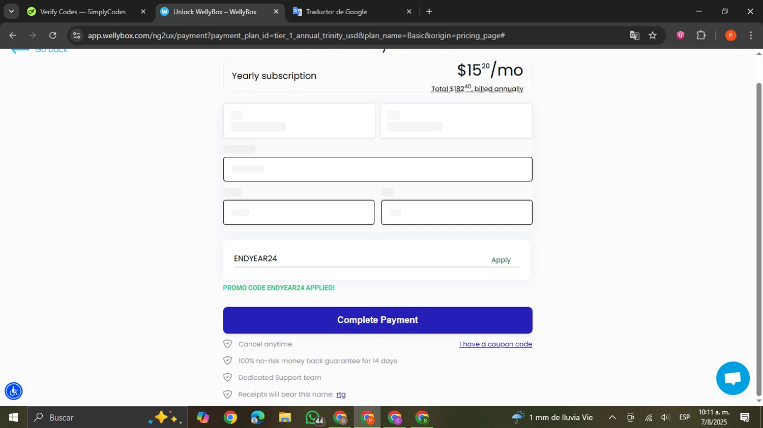 WellyBox promo code screenshot showing code ENDYEAR24 applied at WellyBox checkout page. Uploaded by SimplyCodes community member VictoriousCaptain2658 on Aug 7, 2025
