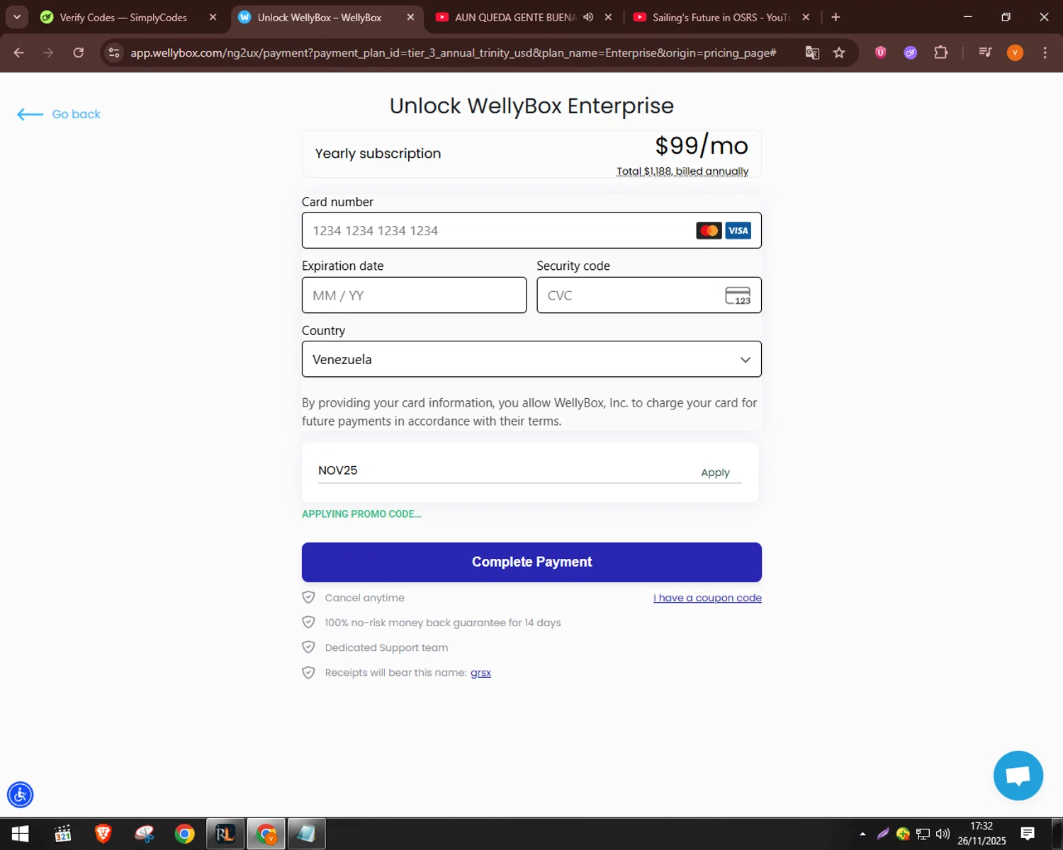 WellyBox promo code screenshot showing code NOV25 applied at WellyBox checkout page. Uploaded by SimplyCodes community member bulbasaur69 on Nov 26, 2025