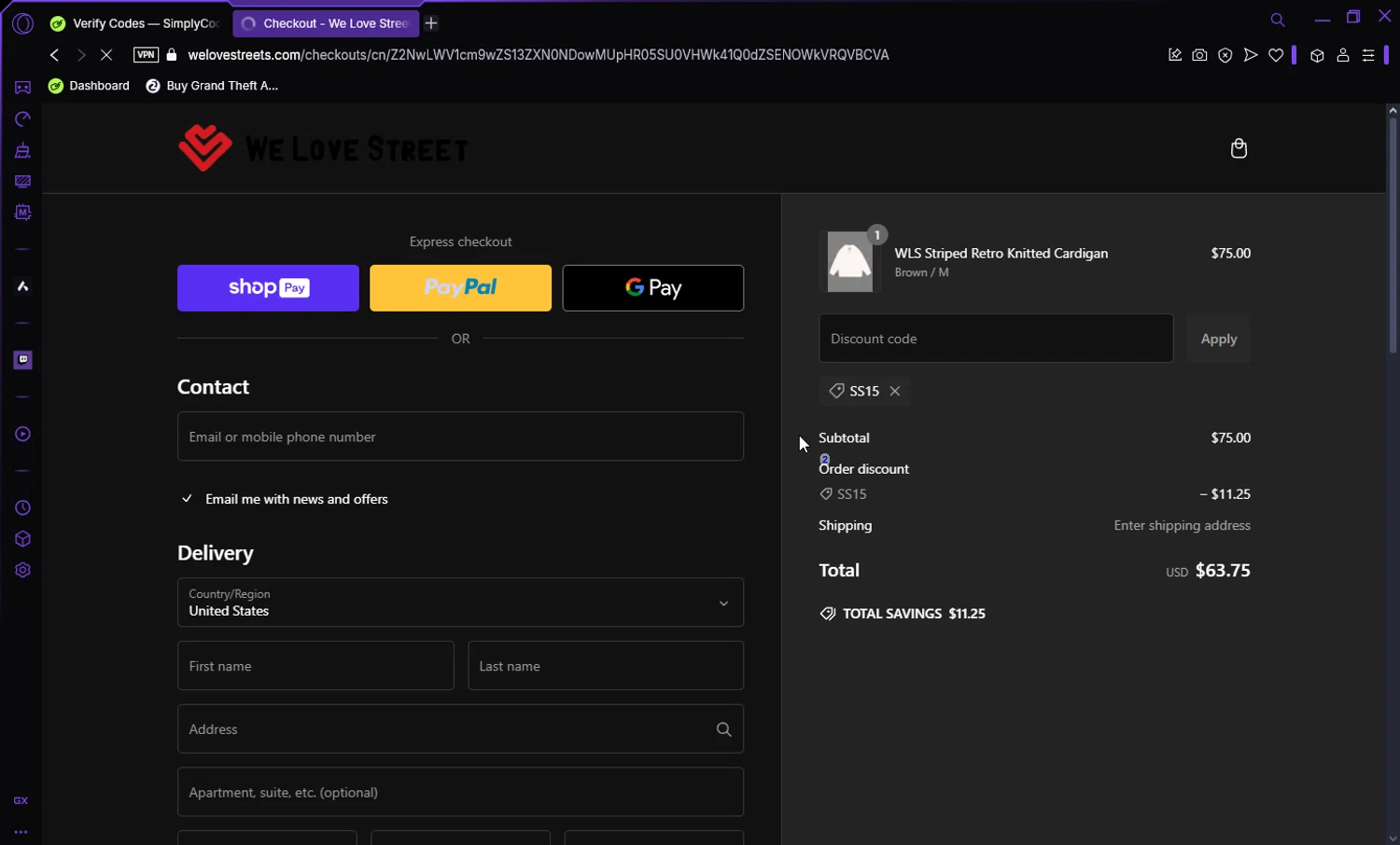 We Love Street discount code screenshot showing code SS15 applied at We Love Street checkout page. Uploaded by SimplyCodes community member Darka007 on Jan 1, 2025