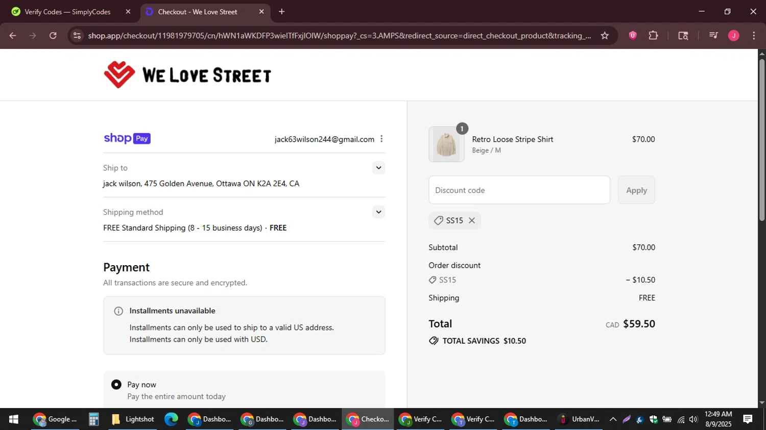 We Love Street discount code screenshot showing code SS15 applied at We Love Street checkout page. Uploaded by SimplyCodes community member JackWilson63 on Aug 9, 2025