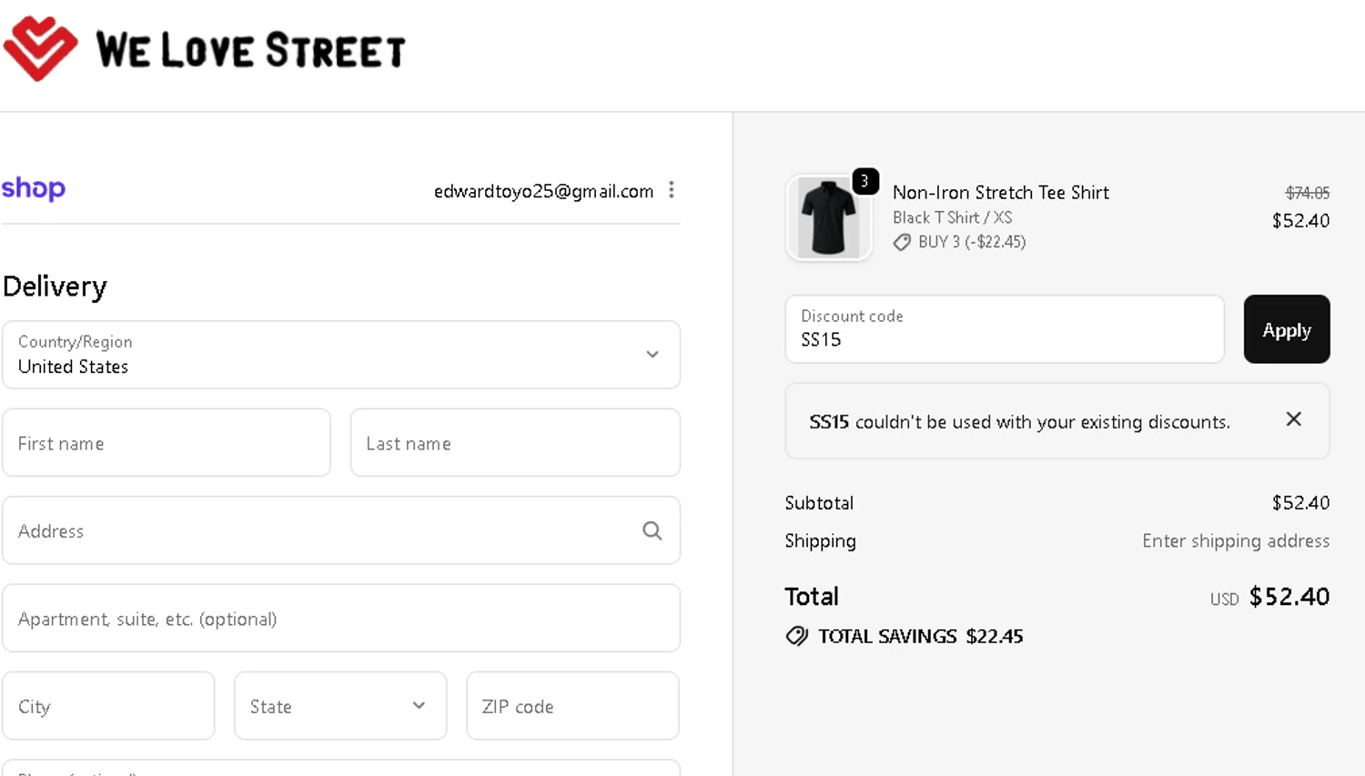 We Love Street discount code screenshot showing code SS15 applied at We Love Street checkout page. Uploaded by SimplyCodes community member edwardtoyo on Oct 6, 2025