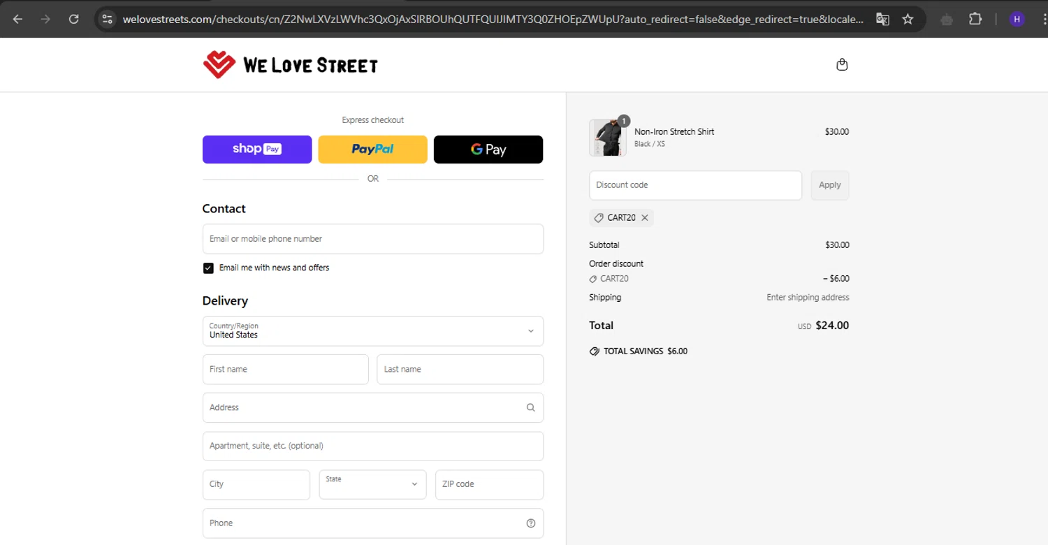We Love Street discount code screenshot showing code CART20 applied at We Love Street checkout page. Uploaded by SimplyCodes community member RebateVirtuoso9954 on May 3, 2025