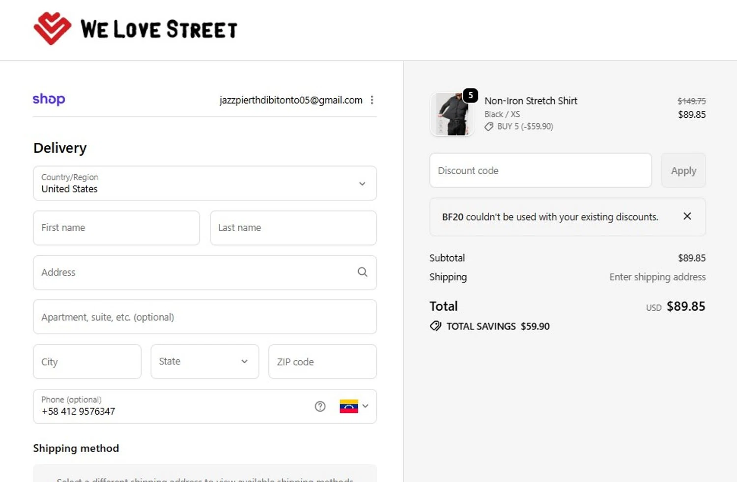 We Love Street checkout page showing We Love Street discount code box | Screenshot taken by SimplyCodes community member on Feb 9, 2026