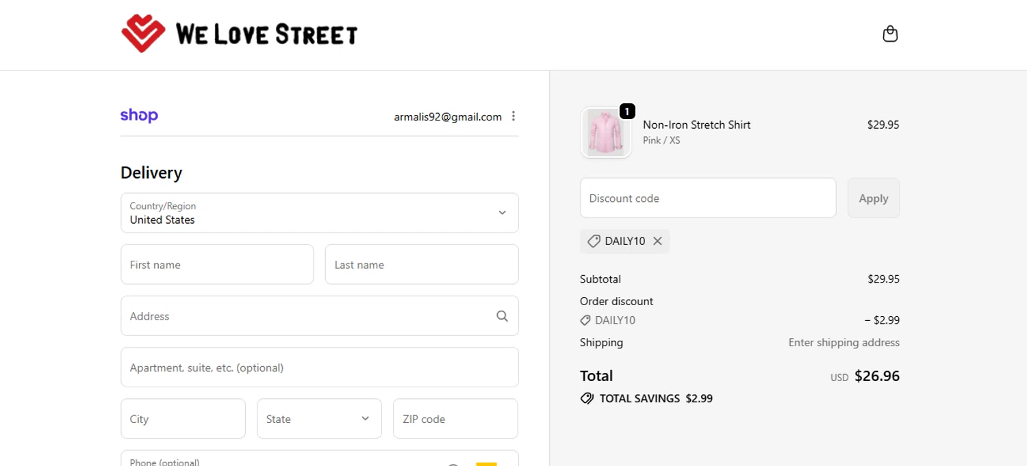 We Love Street discount code screenshot showing code daily10 applied at We Love Street checkout page. Uploaded by SimplyCodes community member armalissolorzano1 on Jan 29, 2026