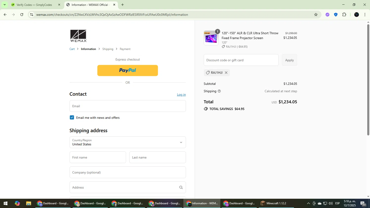 WEMAX discount code screenshot showing code RAJ1HJJ applied at WEMAX checkout page. Uploaded by SimplyCodes community member CarmenVGR on Jul 12, 2025