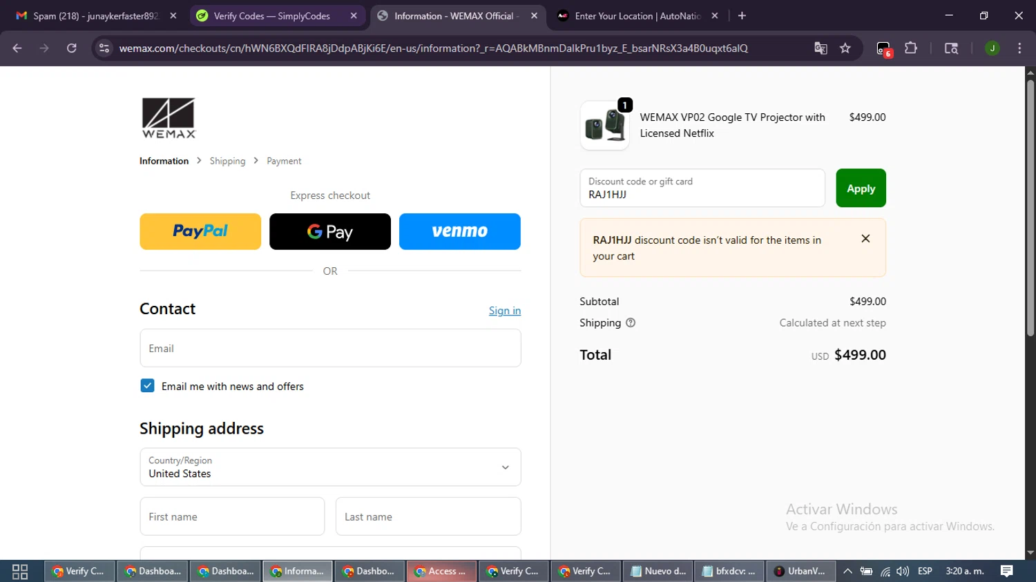 WEMAX discount code screenshot showing code RAJ1HJJ applied at WEMAX checkout page. Uploaded by SimplyCodes community member SmartLion6646 on Dec 8, 2025