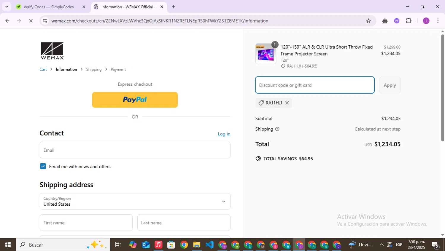 WEMAX discount code screenshot showing code RAJ1HJJ applied at WEMAX checkout page. Uploaded by SimplyCodes community member RebateAce6764 on Apr 23, 2025