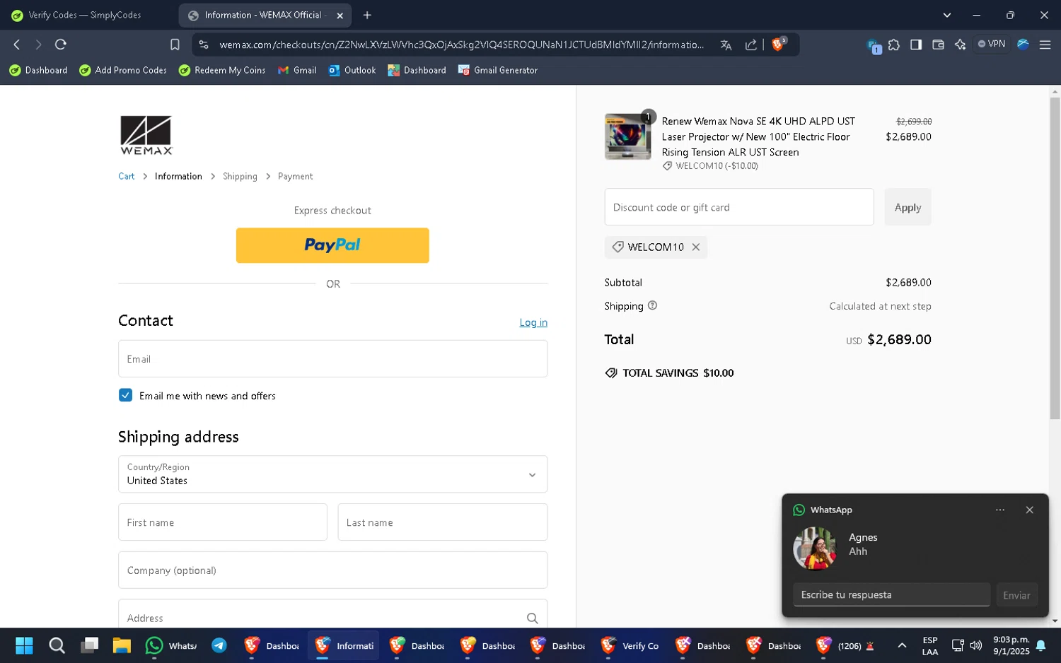 WEMAX discount code screenshot showing code WELCOM10 applied at WEMAX checkout page. Uploaded by SimplyCodes community member HugoChavez1 on Jan 10, 2025