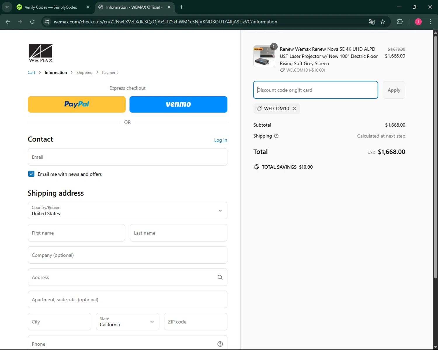 WEMAX discount code screenshot showing code WELCOM10 applied at WEMAX checkout page. Uploaded by SimplyCodes community member BargainSeeker9964 on Apr 16, 2025