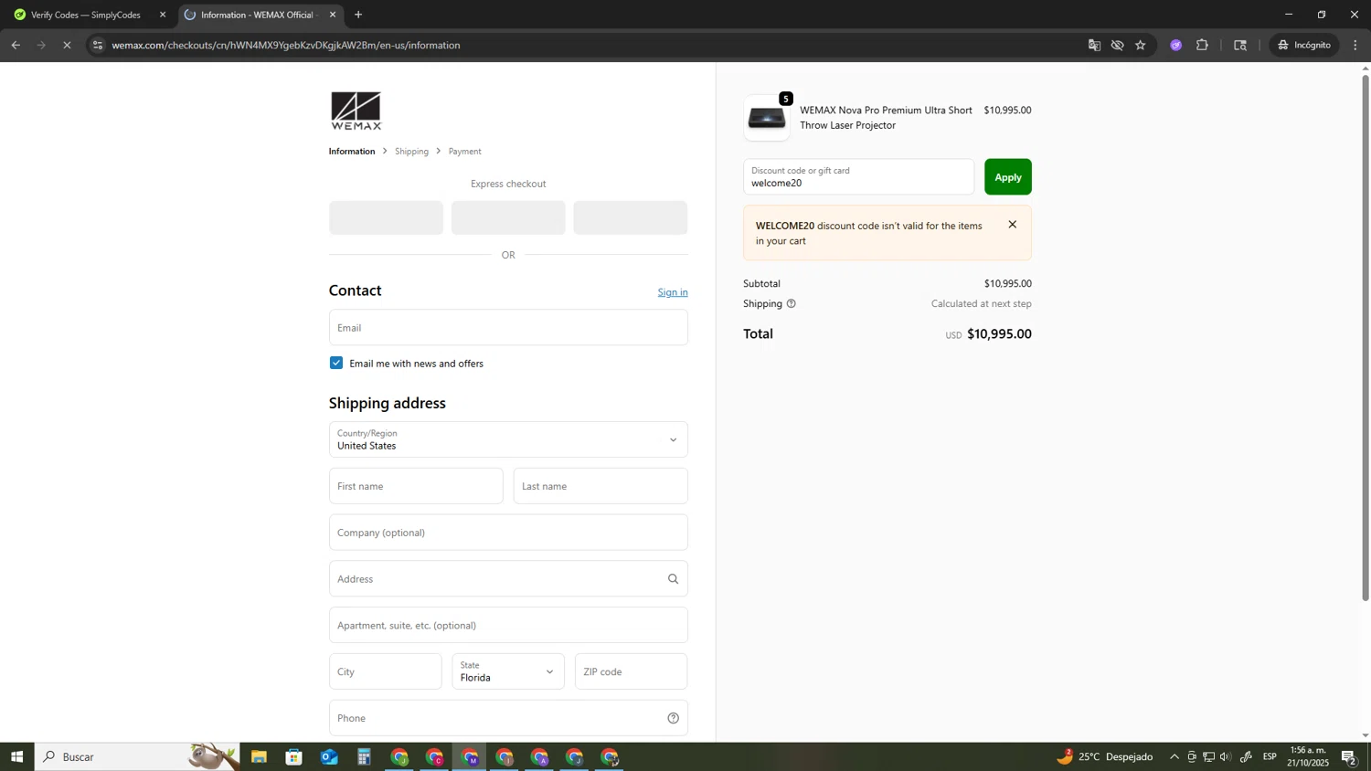 WEMAX discount code screenshot showing code welcome20 applied at WEMAX checkout page. Uploaded by SimplyCodes community member CRF250CC on Oct 21, 2025