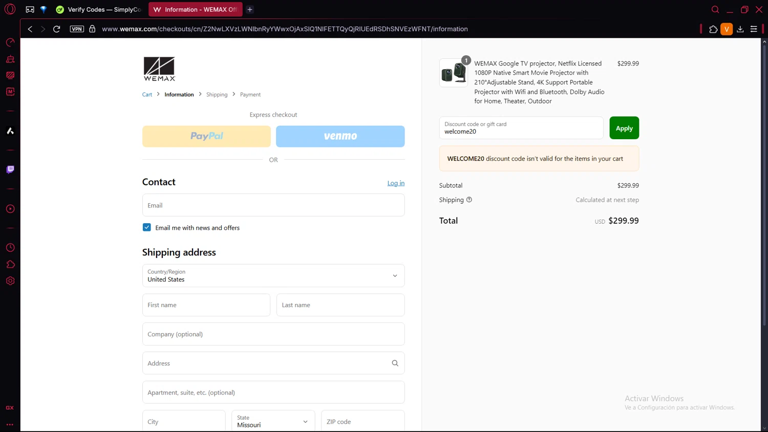 WEMAX discount code screenshot showing code welcome20 applied at WEMAX checkout page. Uploaded by SimplyCodes community member BrilliantLion4485 on May 1, 2025
