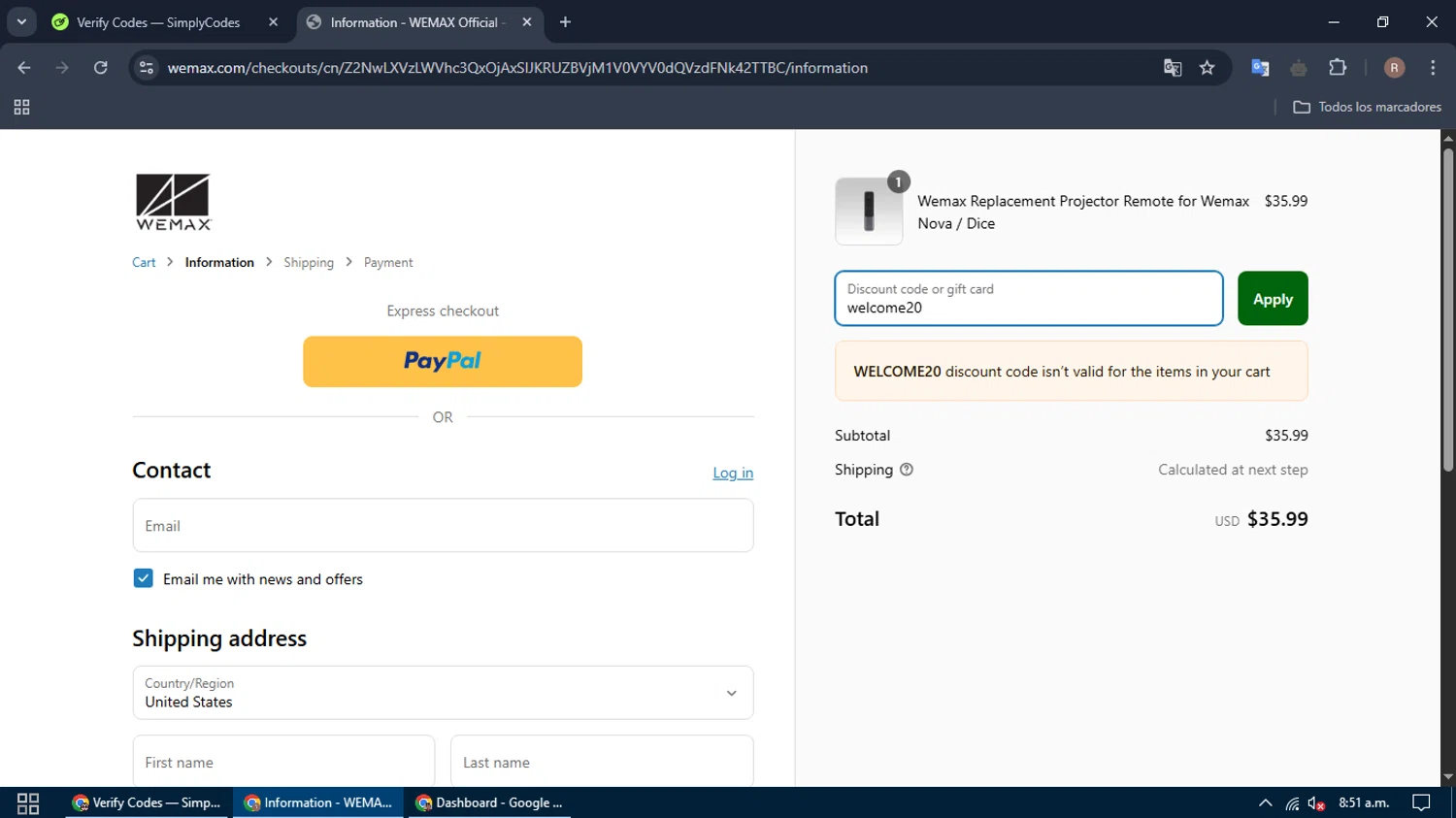 WEMAX discount code screenshot showing code welcome20 applied at WEMAX checkout page. Uploaded by SimplyCodes community member denmaryguillermo on Apr 11, 2025