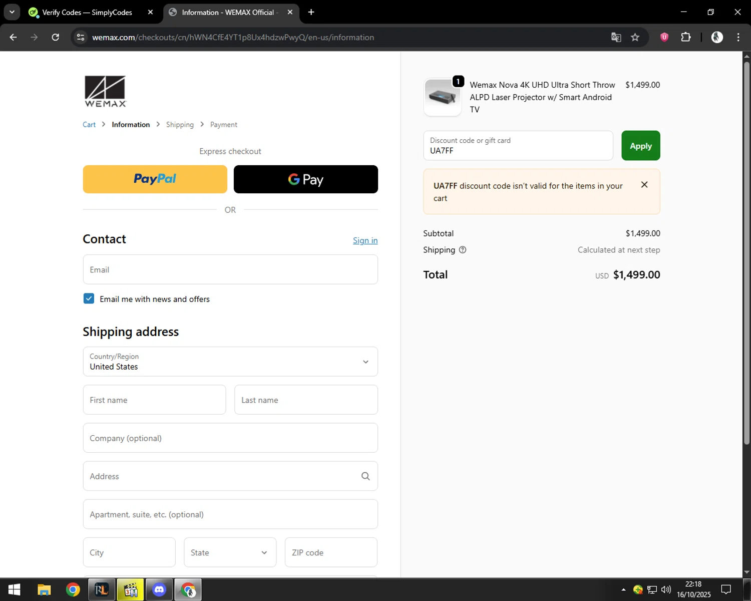 WEMAX discount code screenshot showing code UA7FF applied at WEMAX checkout page. Uploaded by SimplyCodes community member CleverSentinel9441 on Oct 17, 2025