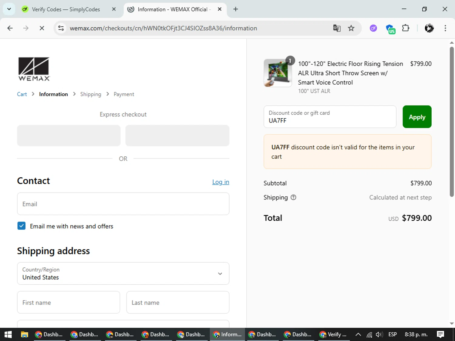 WEMAX discount code screenshot showing code UA7FF applied at WEMAX checkout page. Uploaded by SimplyCodes community member SavvyChaser6563 on Jul 22, 2025