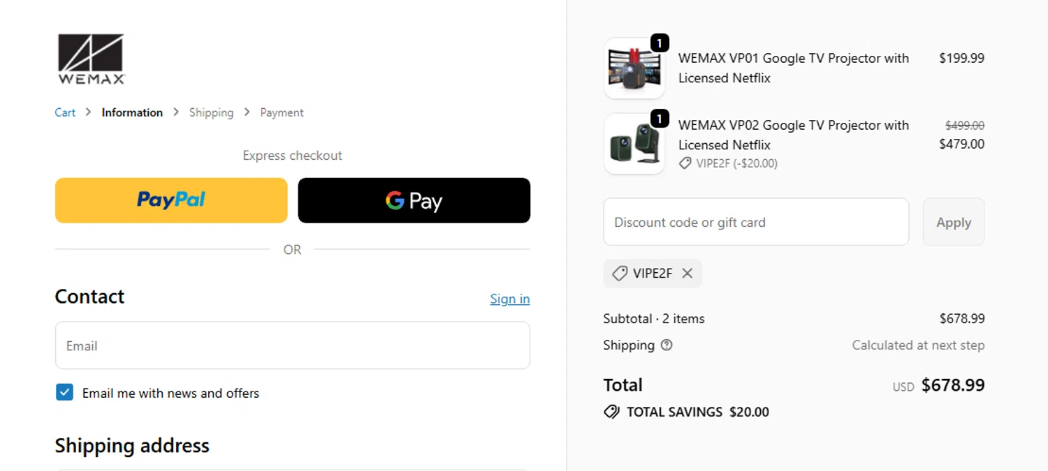WEMAX discount code screenshot showing code VIPE2F applied at WEMAX checkout page. Uploaded by SimplyCodes community member SwiftShopper8601 on Nov 21, 2025